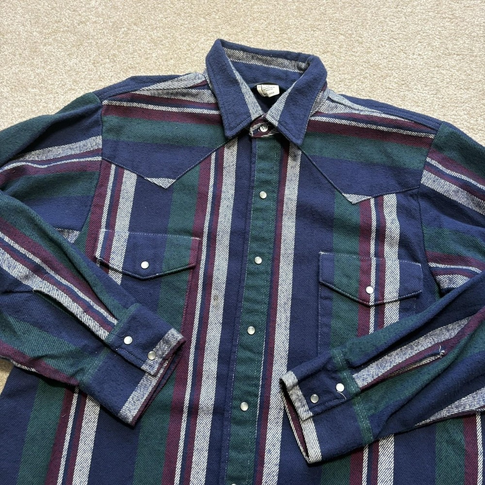 Vtg OshKosh Bgosh Shirt Large Multicolor Striped‎ Flannel Western Pearl Snap